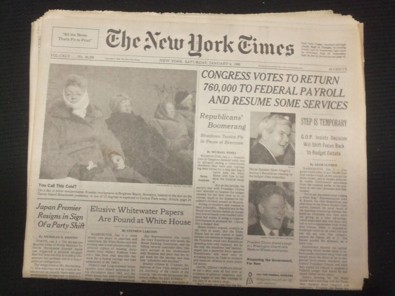 1996 JAN 6 NEW YORK TIMES NEWSPAPER -760K TO RETURN TO FEDERAL PAYROLL - NP 7028