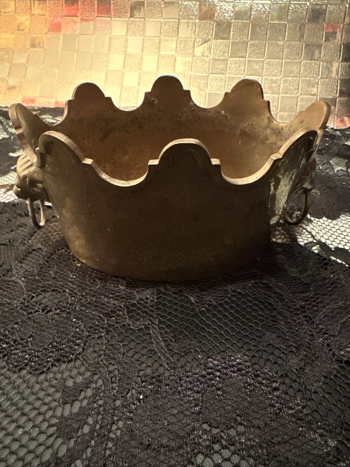 Vintage brass small planter with lion head handles