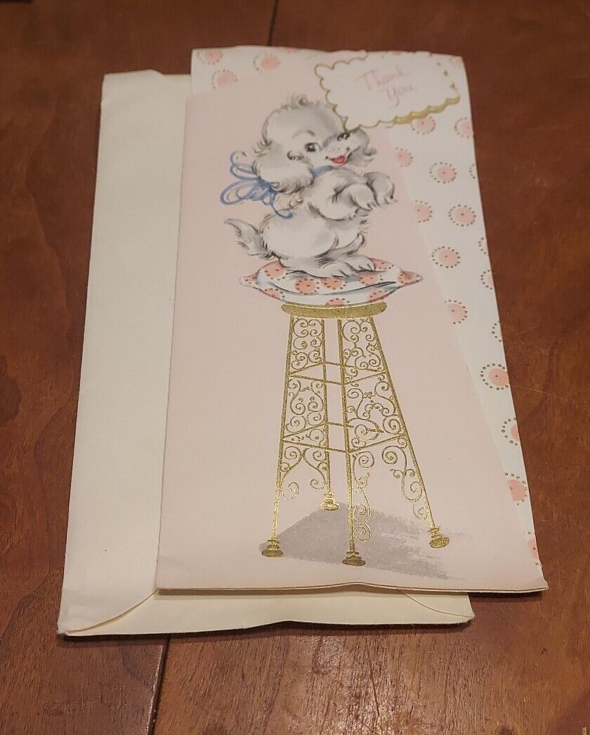 UNUSED 1960s vintage greeting card, THANK YOU, Puppy On High Stool
