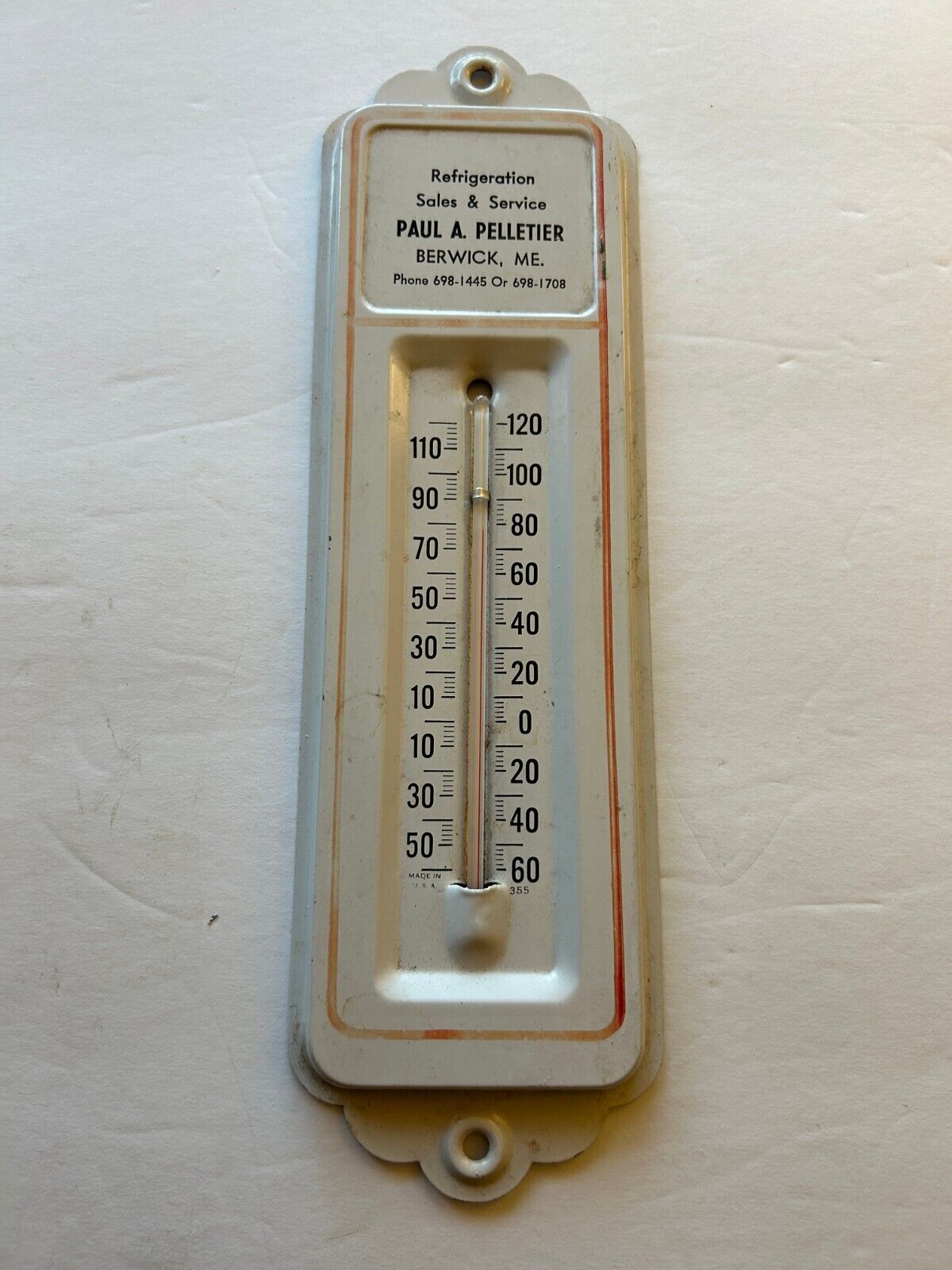 Thermometer Vintage 1940's Berwick, ME No Area Code, Pelletier Refrig Sales USA