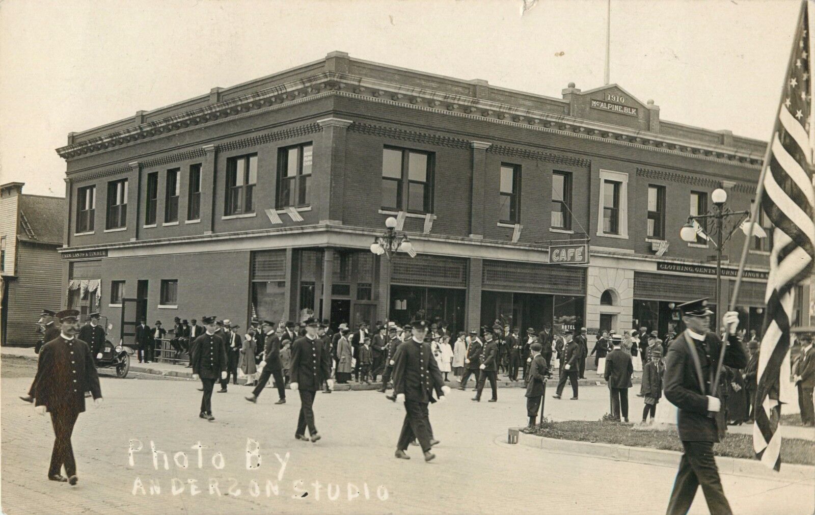 Firemen\'s Parade Passes The McAlpine Block, Grand Rapids, Minnesota MN RPPC 1917