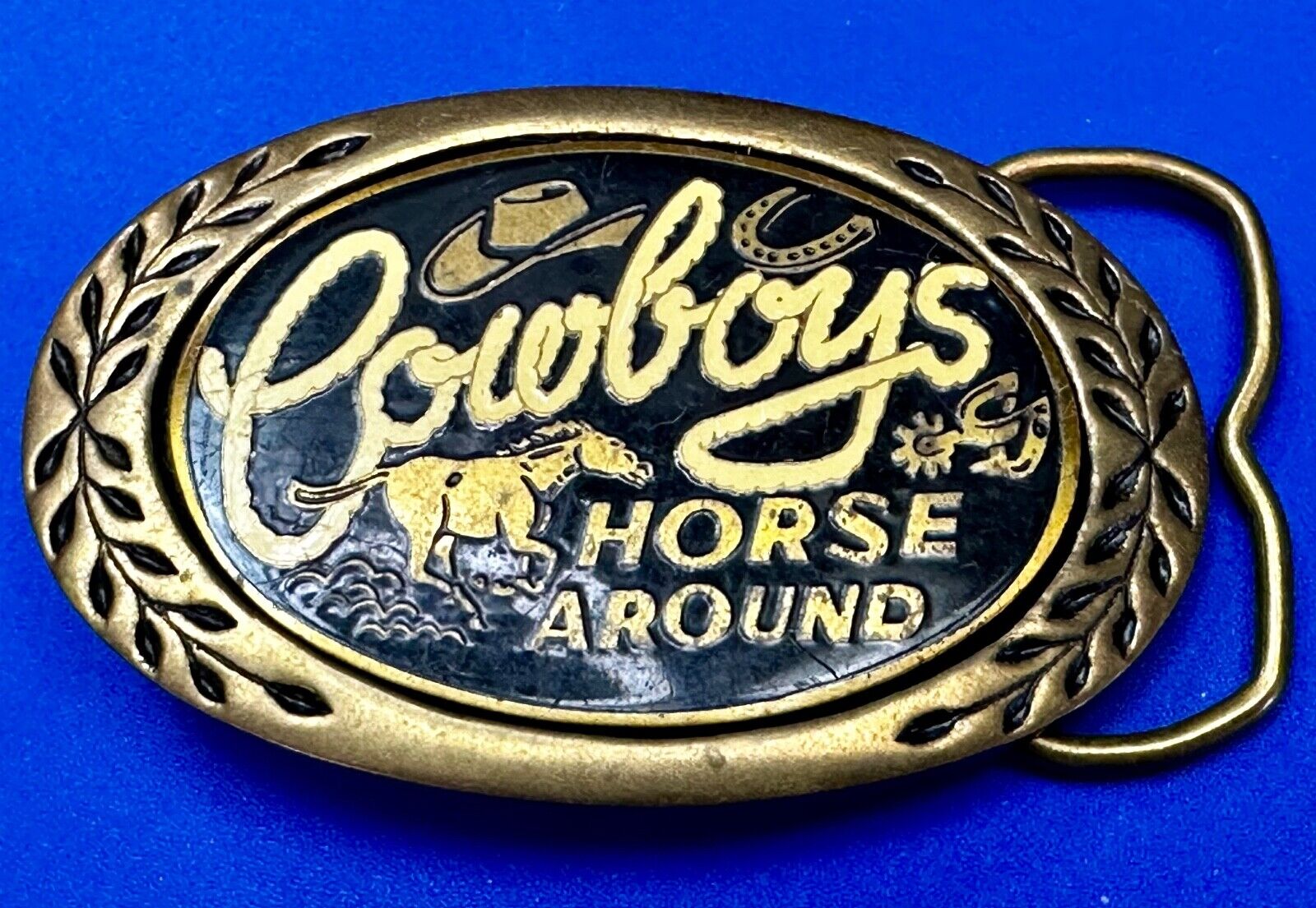 Cowboys Horse Around - Vintage Oval Solid Brass Belt Buckle