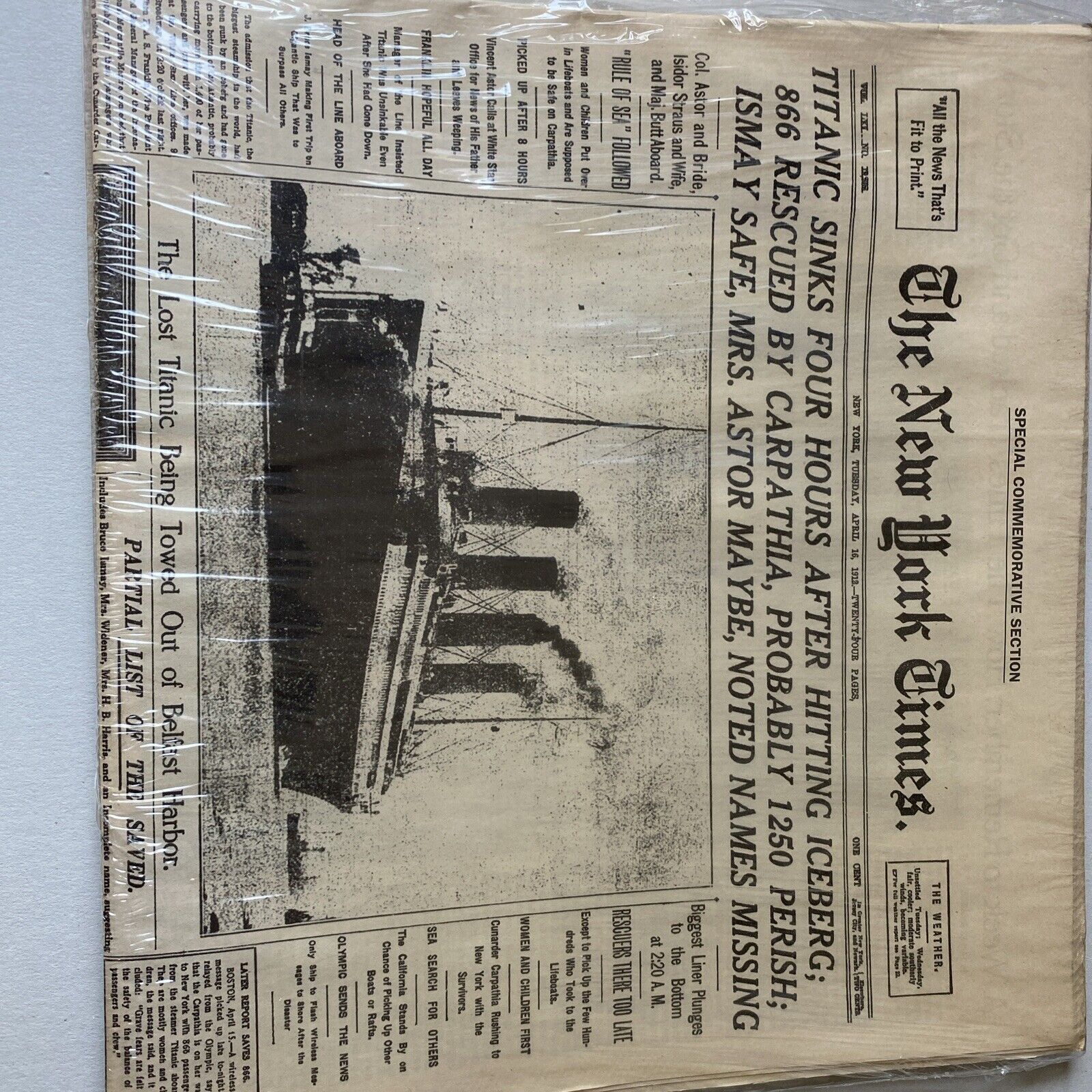 The New York Times Special Commemorative Section Titanic Newspaper 1912