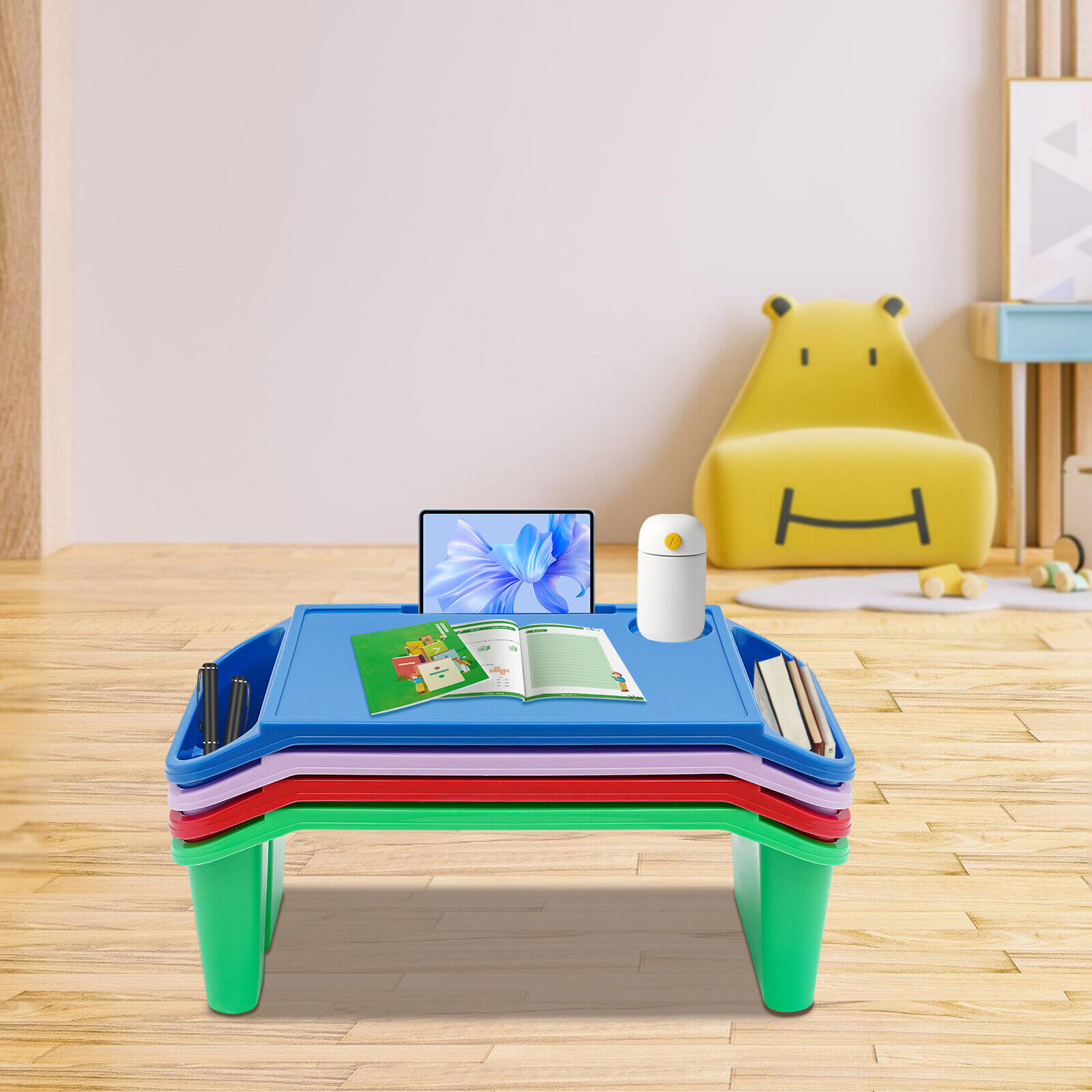 4 Pcs Set Kids Lap Desk Tray, Plastic Breakfast Laptop Trays with Side Pockets