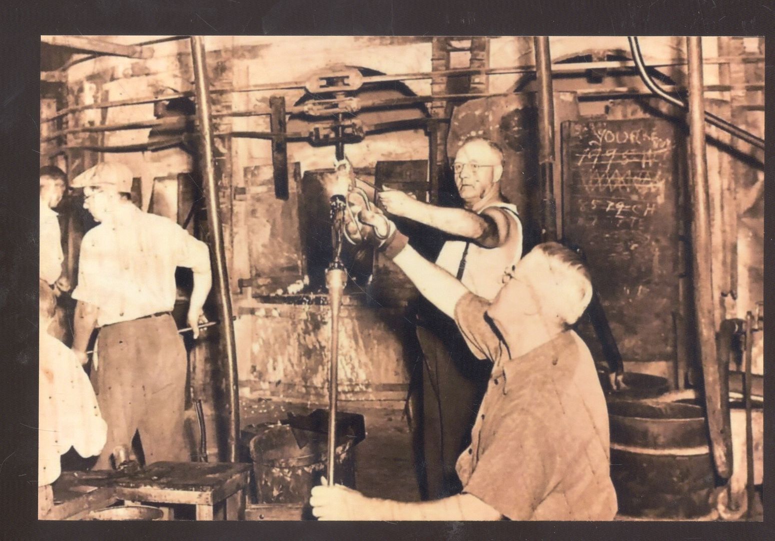 REAL PHOTO TIFFIN OHIO GLASS FACTORY INTERIOR BLOWERS WORKERS POSTCARD COPY