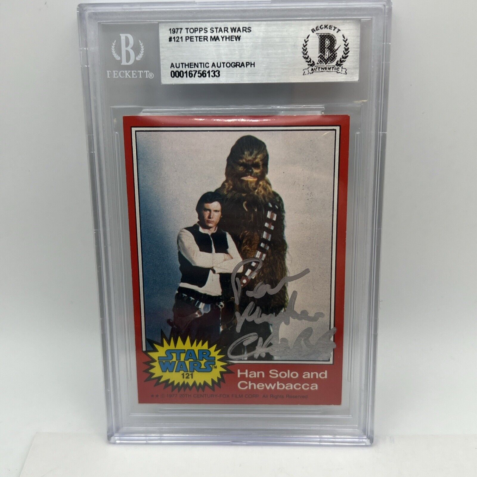 PETER MAYHEW CHEWBACCA SIGNED TOPPS 1977 STAR WARS RED CARD #121 BECKETT AUTH.