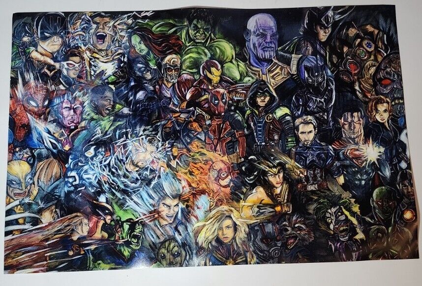 DC Universe Marvel Super Heroes Villains Comic Art Collage  Wall Poster