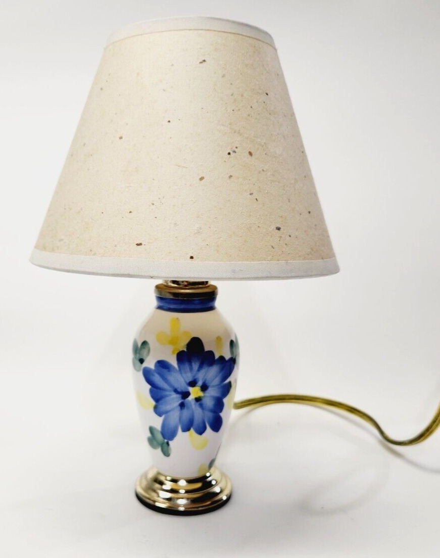 VTG Mini Ceramic Floral Lamp Nightlight w Natural Speckled Shade Cottagecore 9\