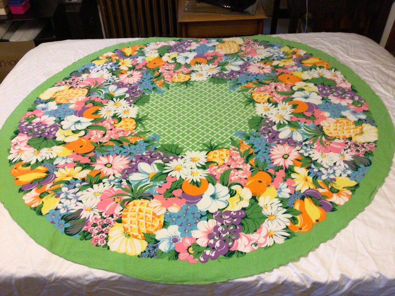 Vintage Vibrant Colors MCM Tropical Fruits and Flowers Round Tablecloth 64\