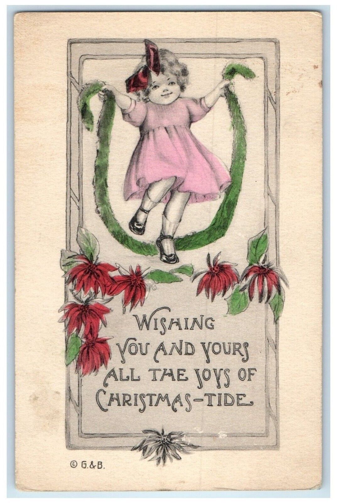 c1910\'s Christmas Little Girl Playing Poinsettia Flowers Antique Postcard