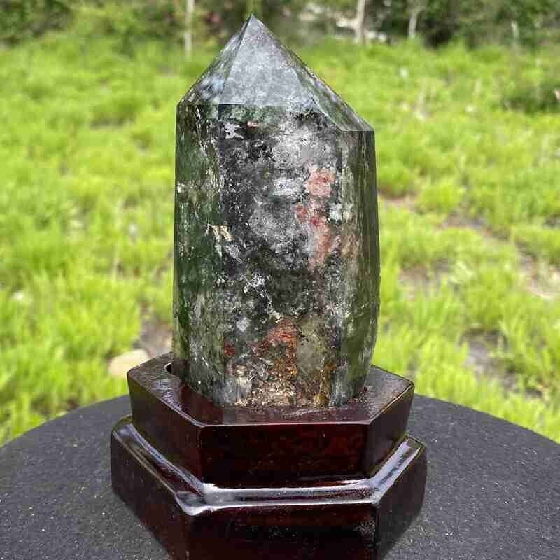 1.58LB Natural Ghost Smoke Quartz obelisk mineral specimen crystal Reiki+stand