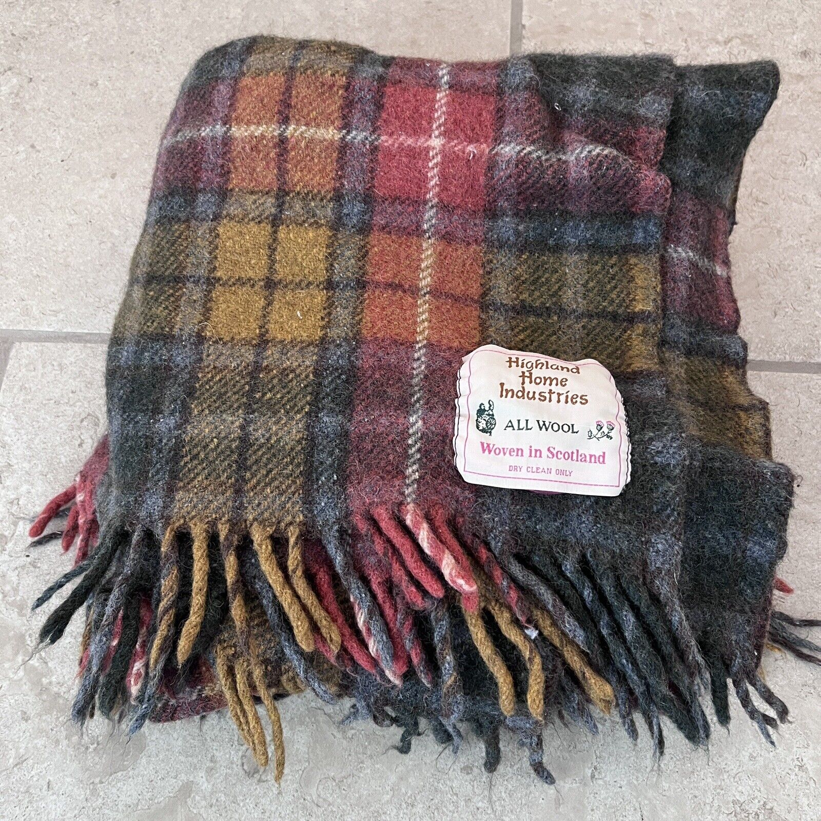 Vintage All Wool Blanket Highland Home Industries Multi Color Tartan Scotland