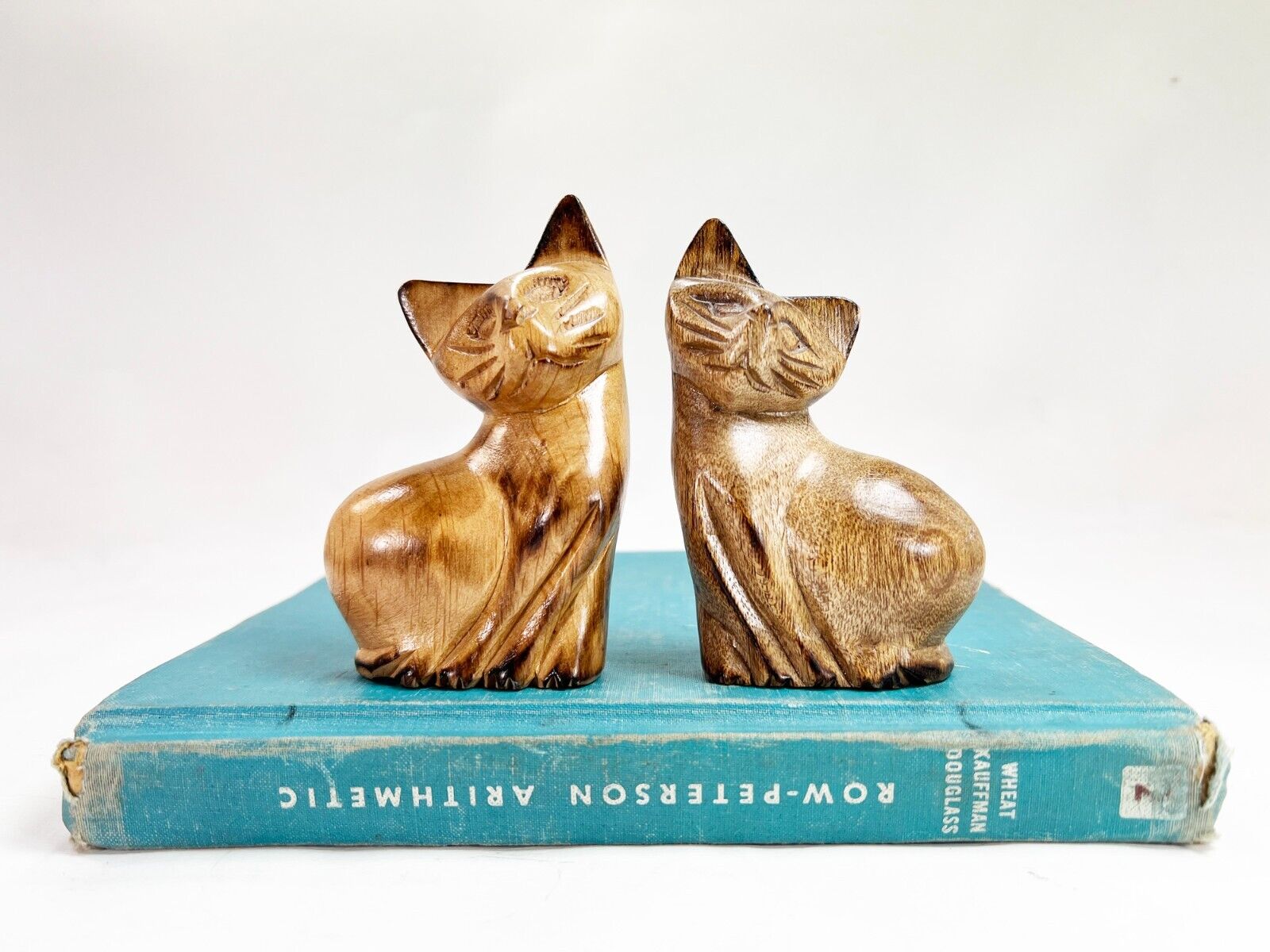 Two Vintage Hand Carved Wooden Cats Made In Philippines Small Wood Cat Figurine