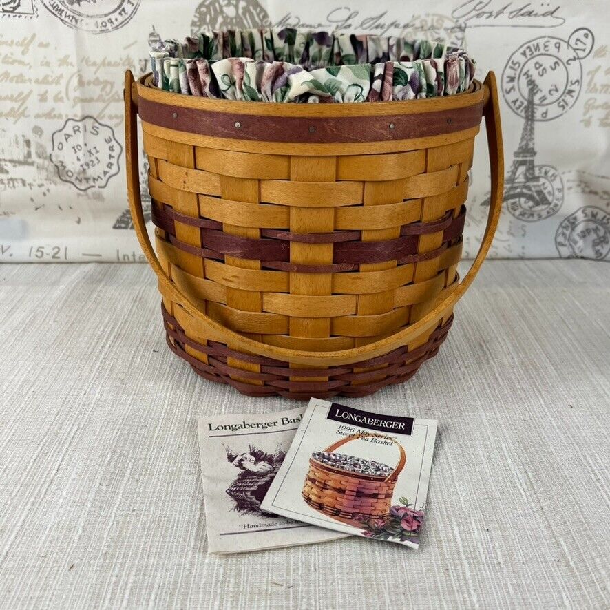 Longaberger 1996 Sweet Pea Basket with Liner and Plastic Protector 8.75 x 7 in