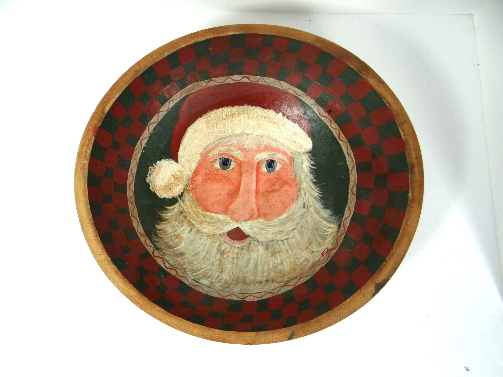 Hand Painted Wooden Santa Serving Bowl Signed Rustic Folk Art