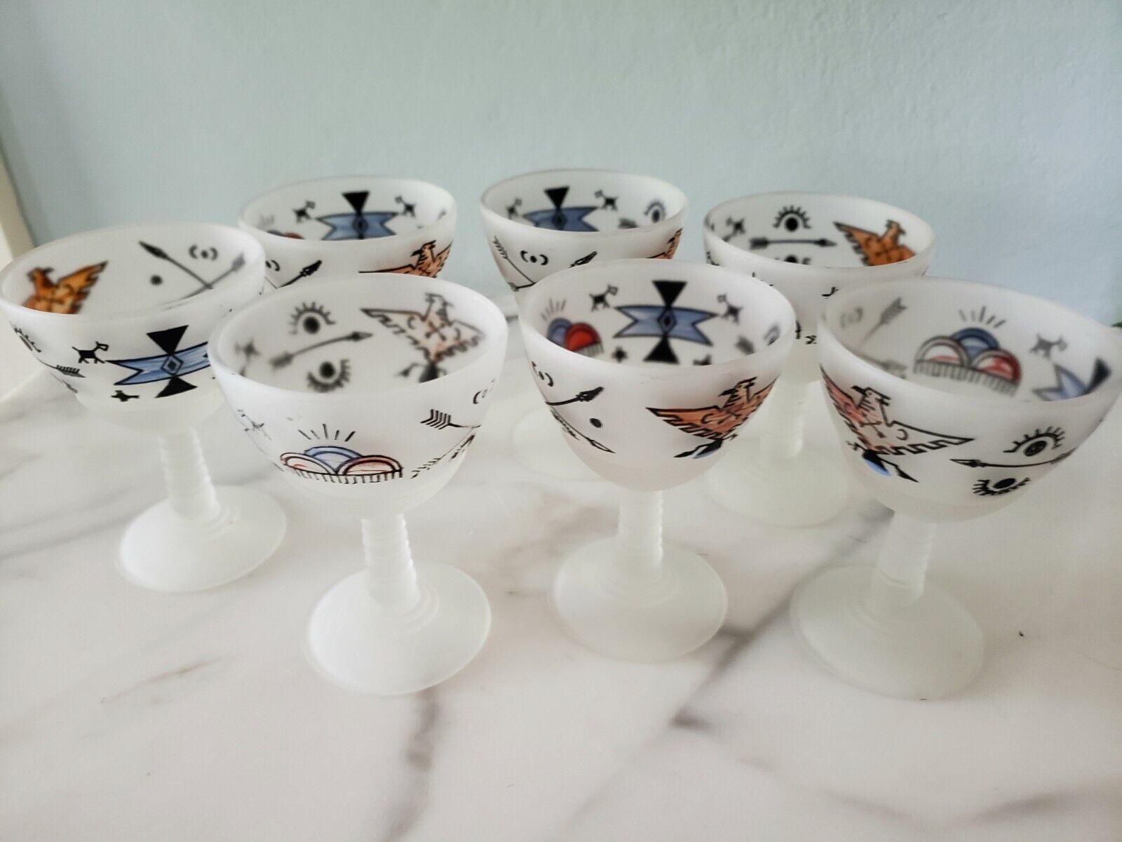 Set of 7 Frosted Hazel Atlas Stemmed  Southwest Pattern Cocktail Glasses 1950s 