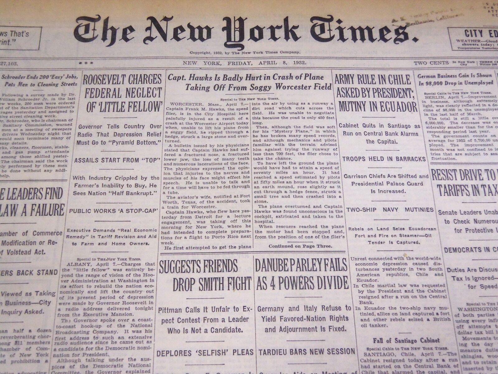 1932 APRIL 8 NEW YORK TIMES - CAPT. HAWKS IN PLANE CRASH - NT 4111