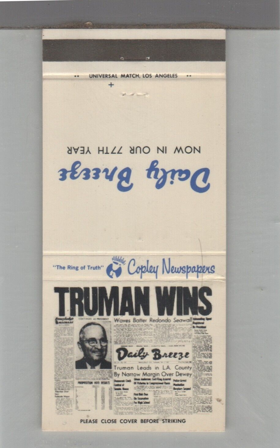Matchbook Cover Daily Breeze In our 77th Year - TRUMAN WINS