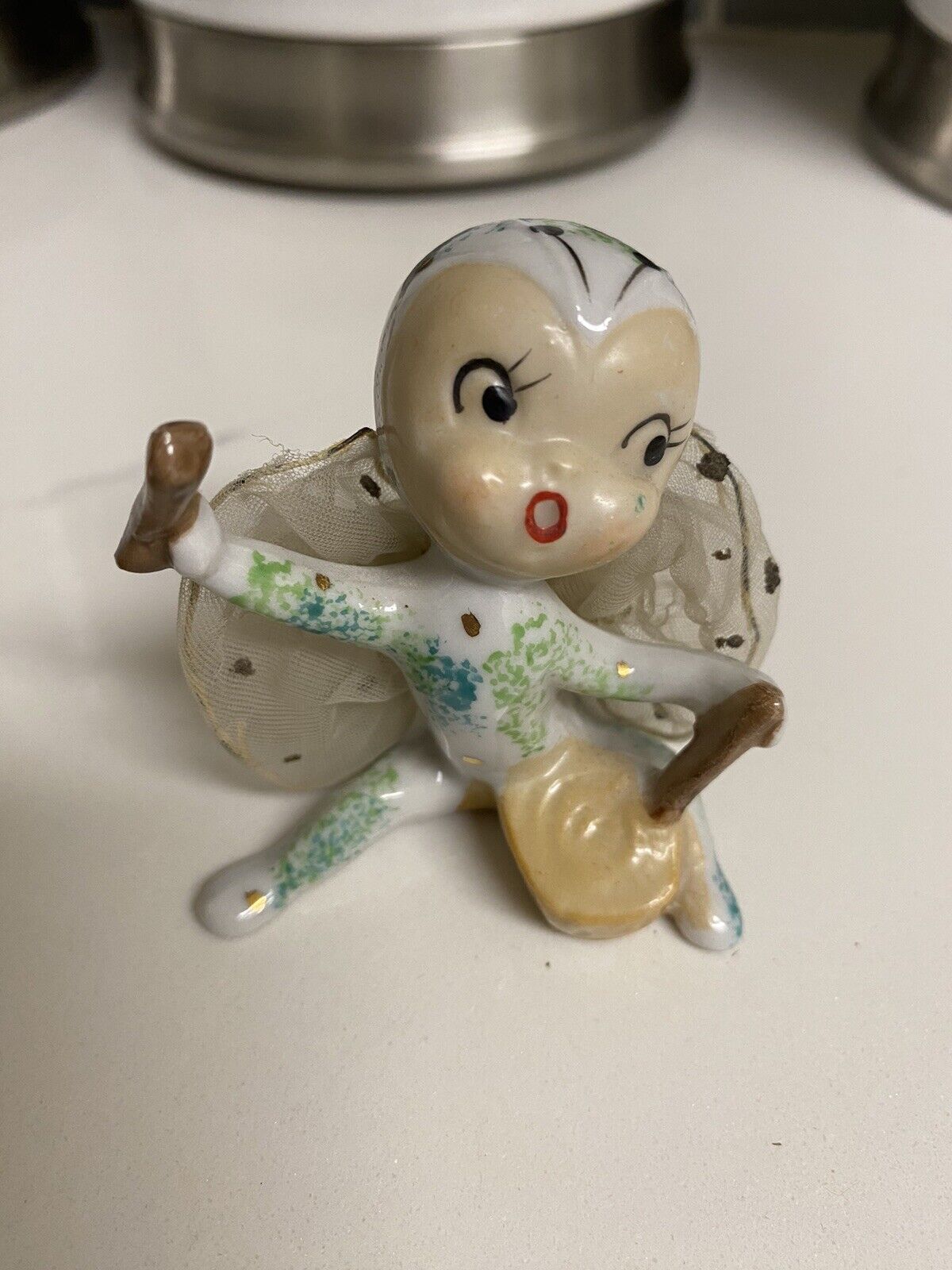 VTG Kitsch Ceramic Net Mesh Wing Fairy Girl Figurine JAPAN HTF