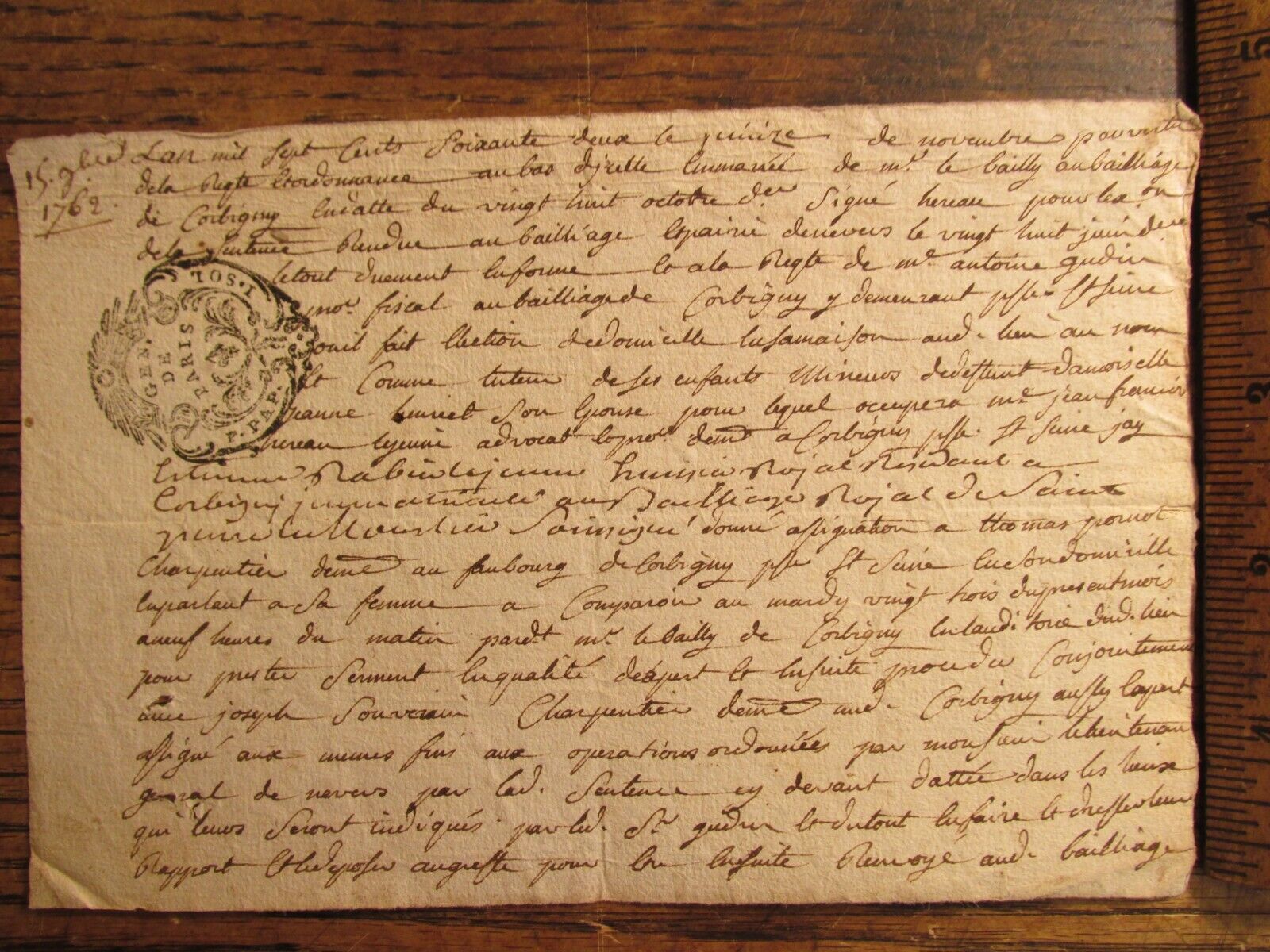 Antique Ephemera Signed French Document France 1762 w/ Fancy Stamp