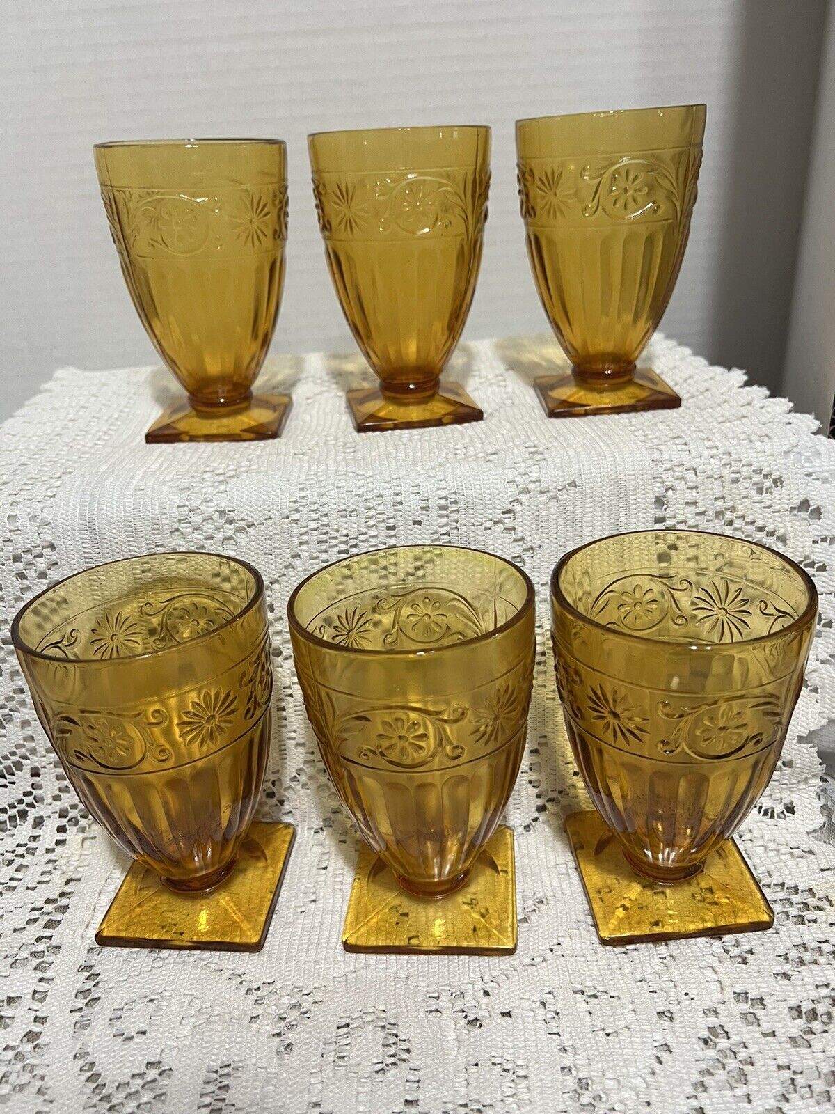 Vintage Amber Daisy Indians Footed Water Tumblers 5”