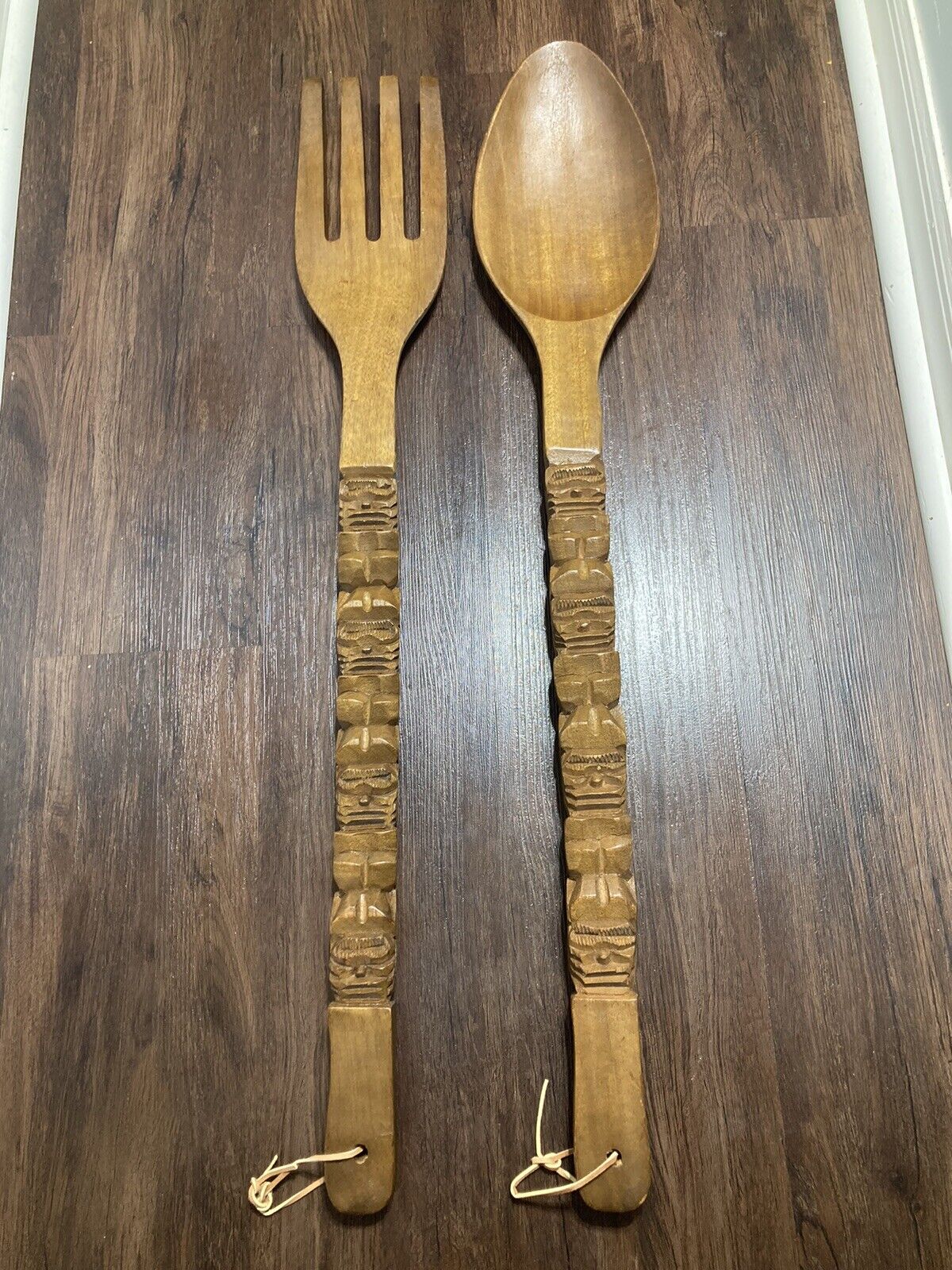 Large Brown Wooden Carved Fork And Spoon