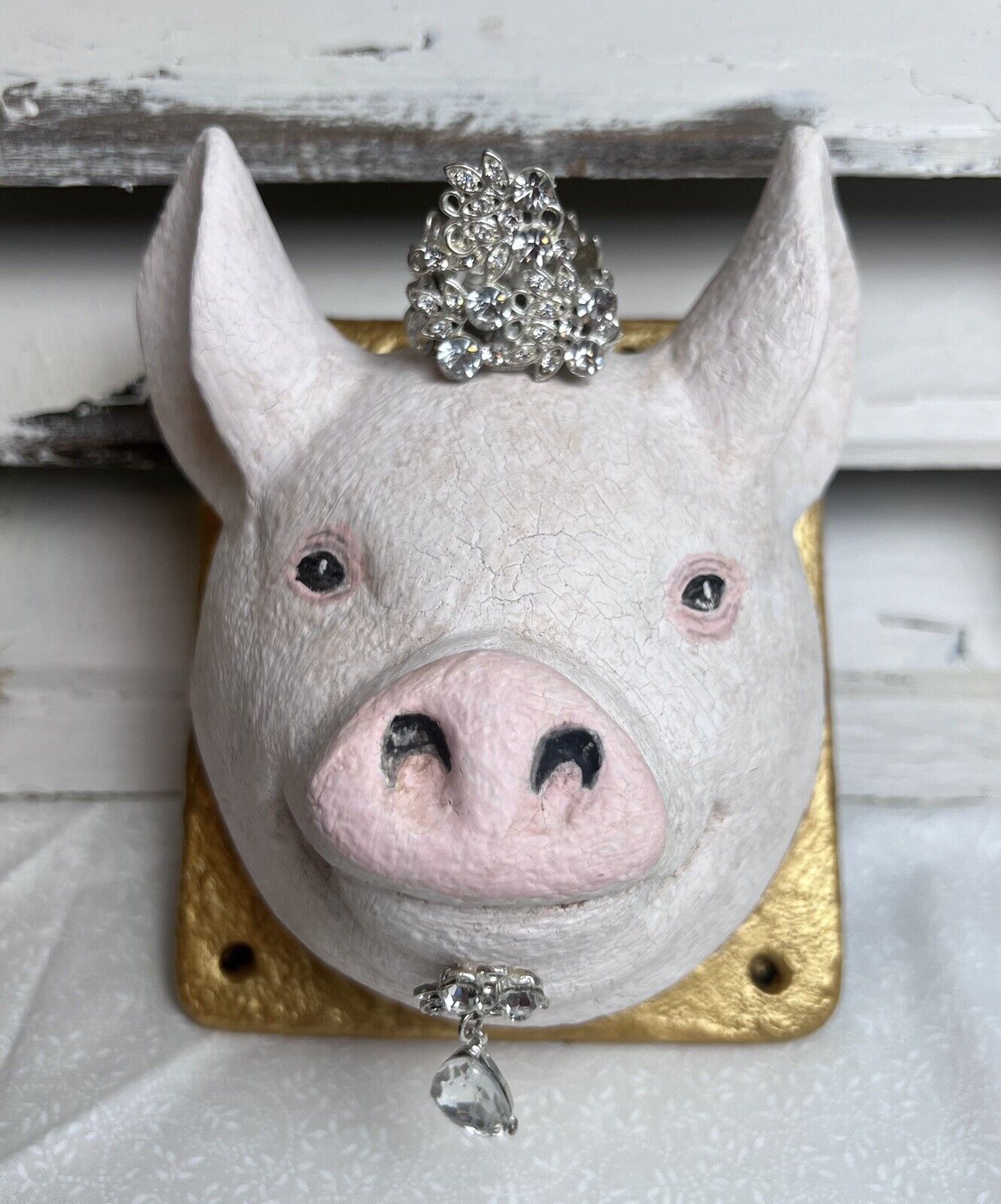 OOAK Hand Painted Faux Cement ROYAL PIG Wall Art Hanging