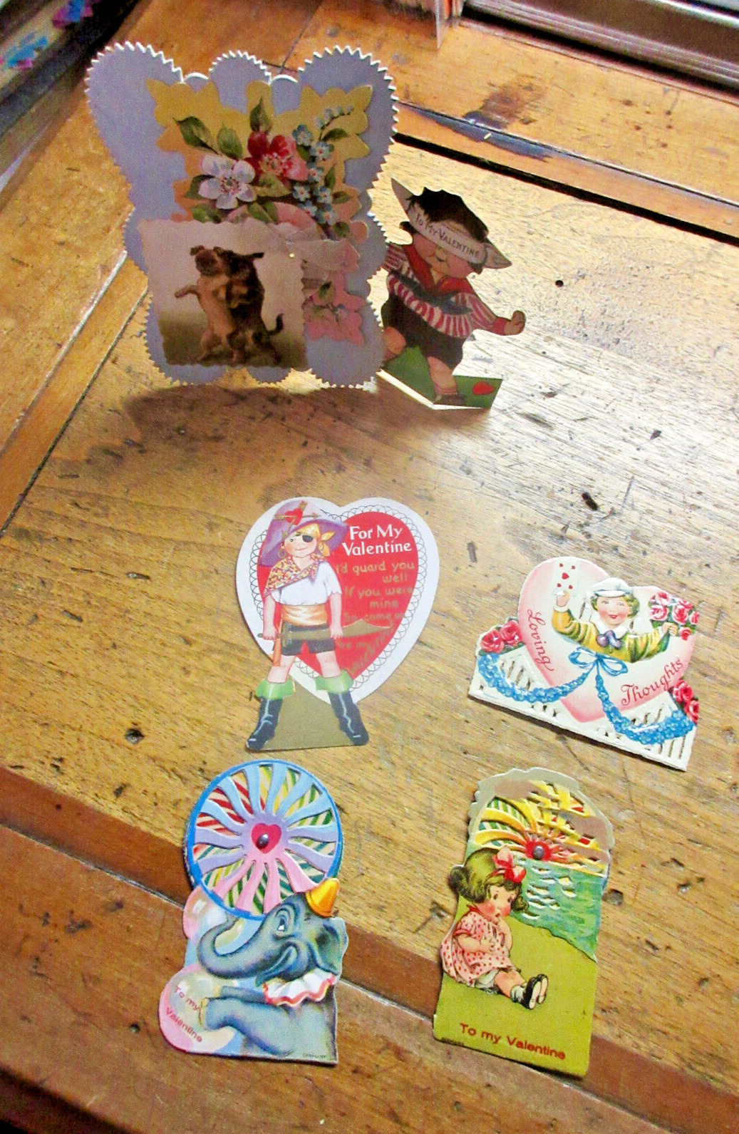 Lot 5 Antique Valentine Cards Die Cut (2) Mechanical (2) Stand-Up UNUSUAL
