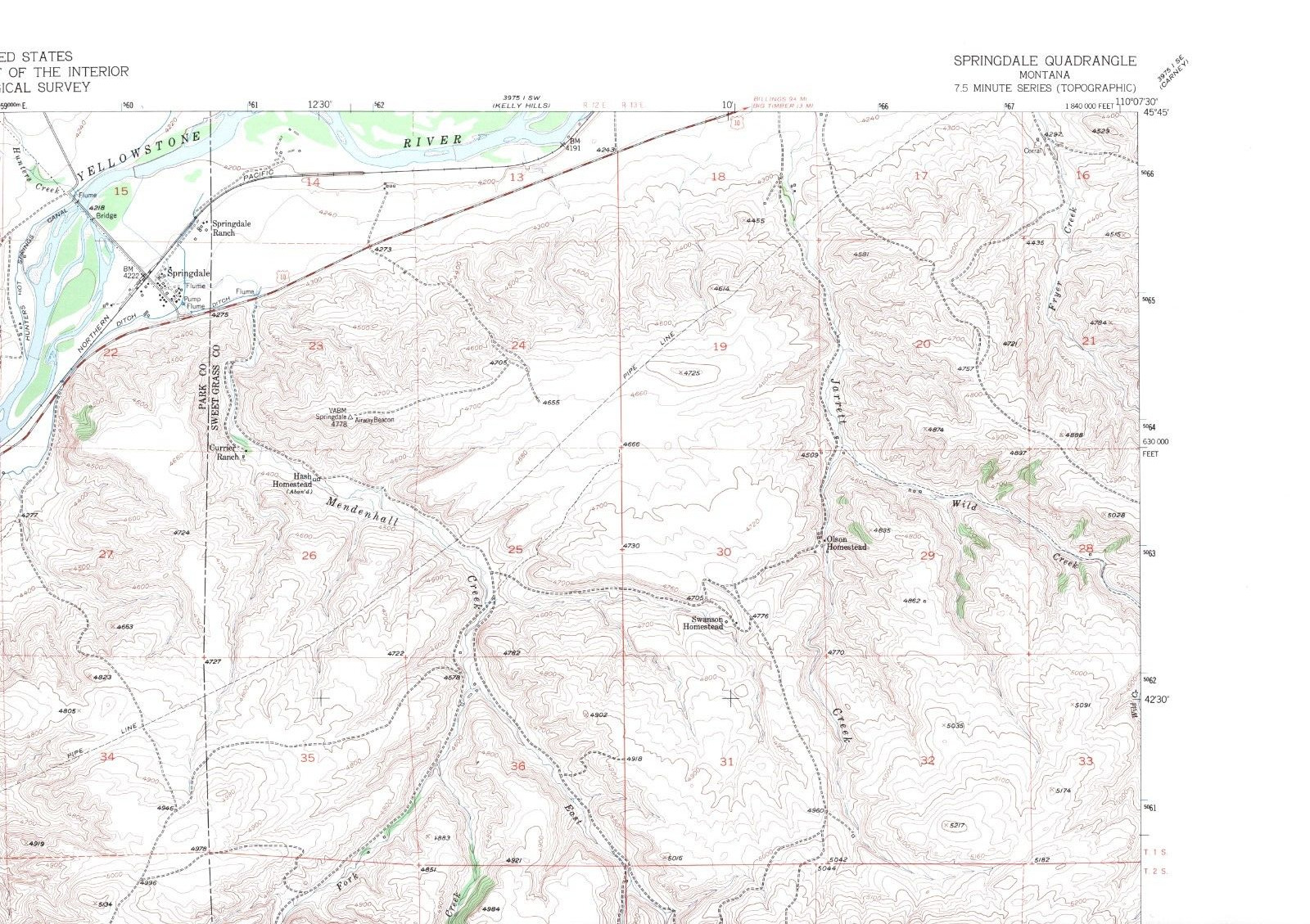 Springdale, Montana 1951 Vintage USGS Topo Map 7.5 Quadrangle Topographic