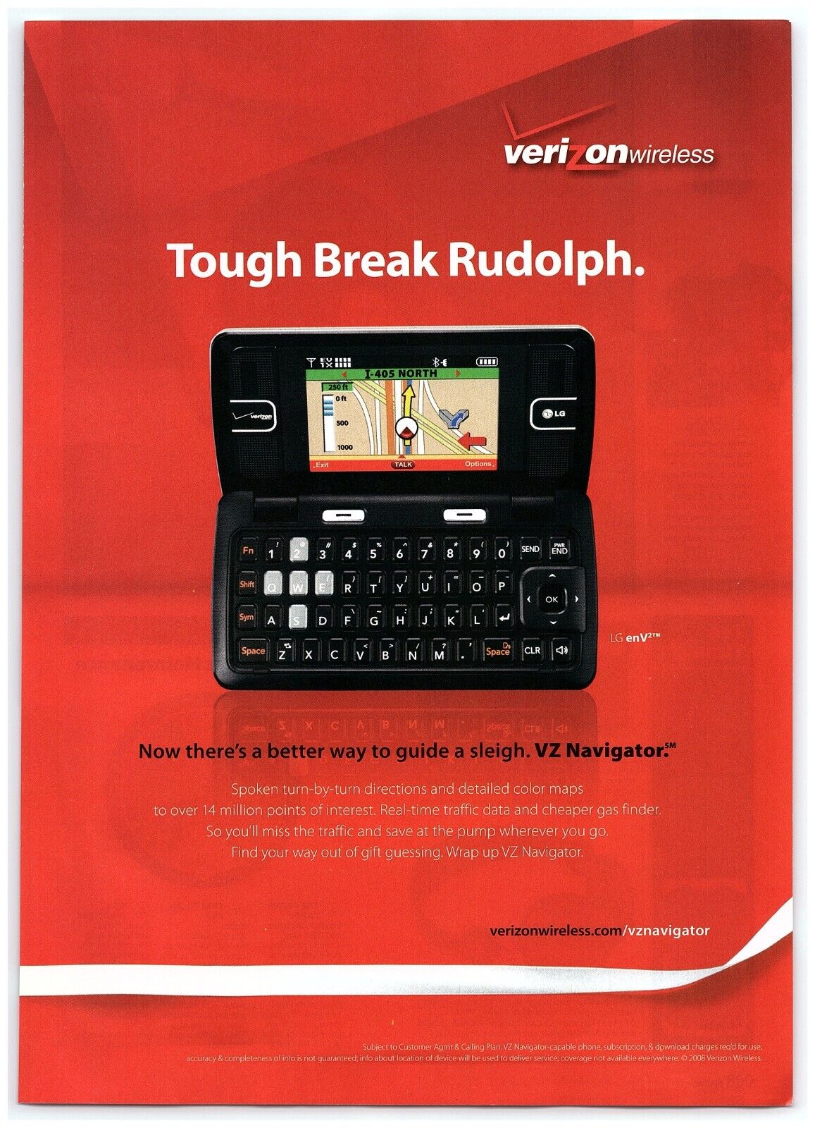 2008 Verizon Wireless Print Ad, LG enV2 Phone Tough Break Rudolph VZ Navigator