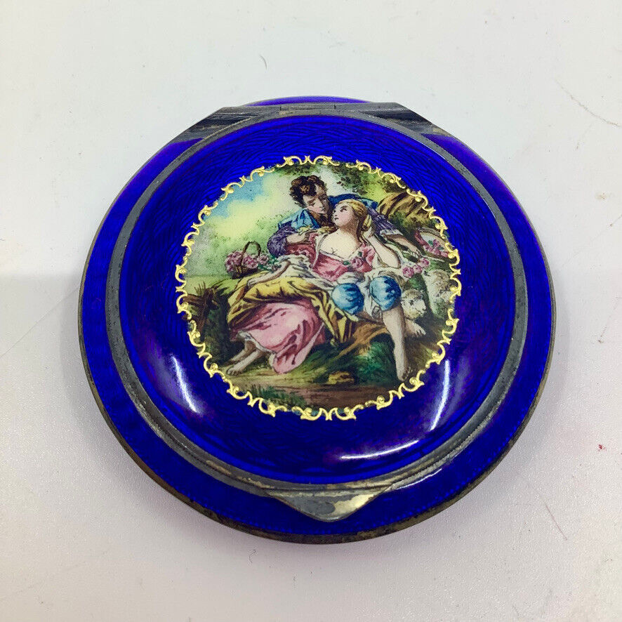 Rare Vintage Blue Enamel Powder Compact: Two Lovers / Art in Your Hand
