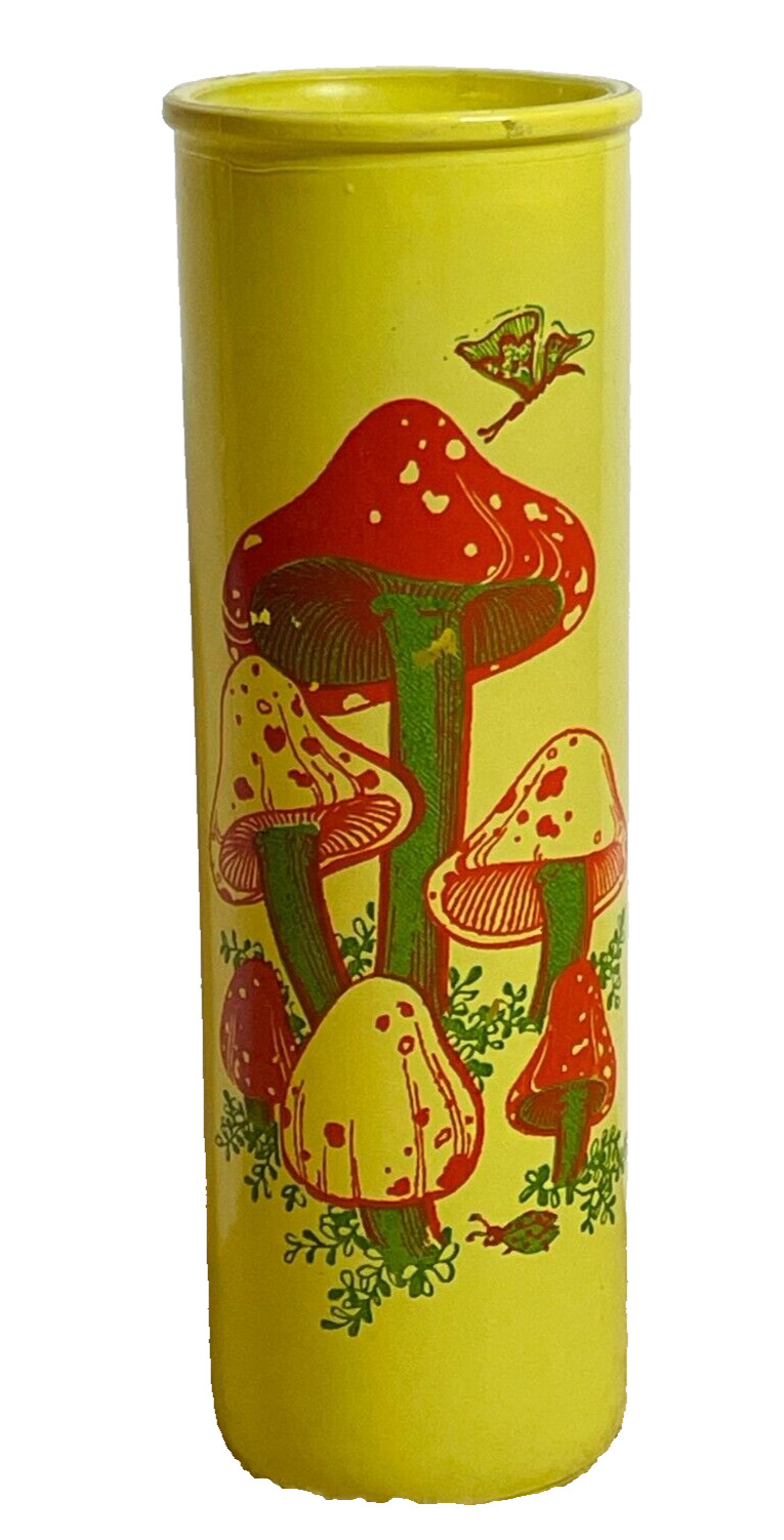 Vintage 70s Kitschy Candle Cylinder Glass Jar Yellow MUSHROOM Prayer Home Decor