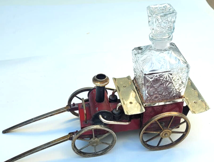 Exquisite Antique Metal Cart with Finely Crafted Glass Whisky Bottle and Musical