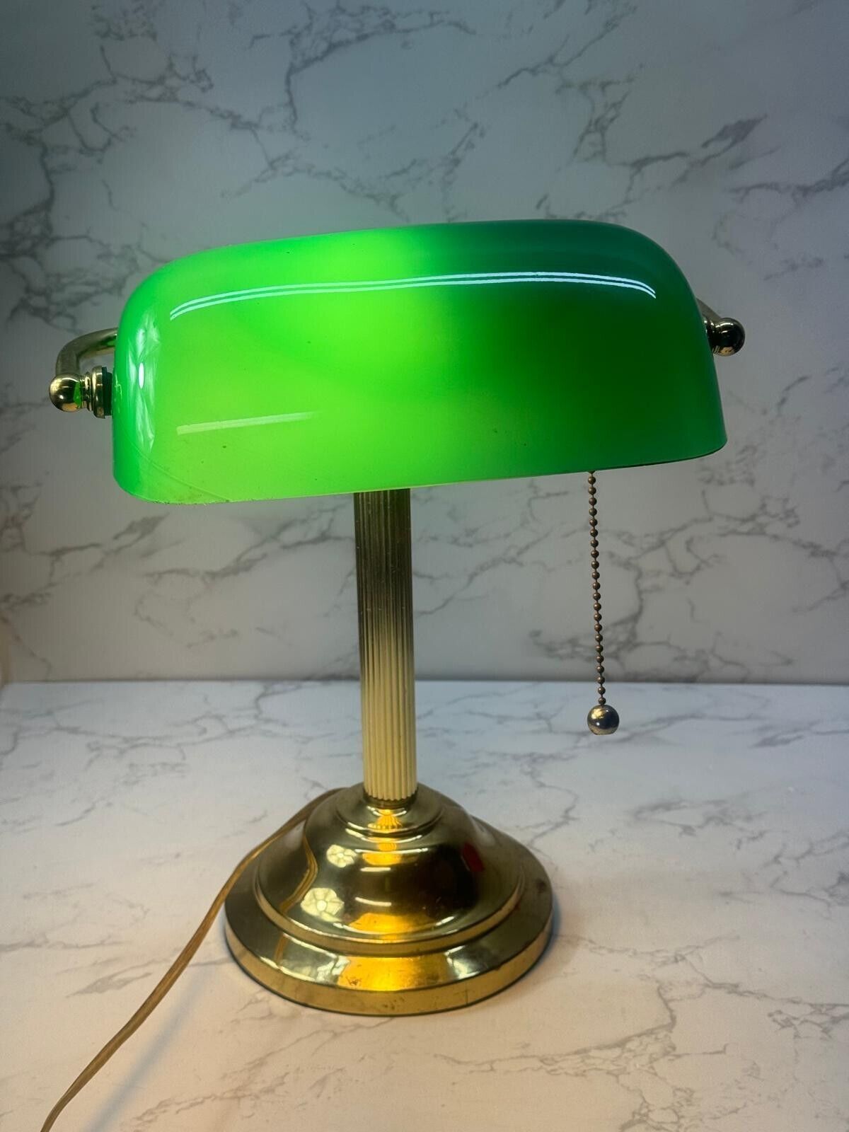 Vintage Desk Bankers Lamp Green Glass Shade Brass Stand