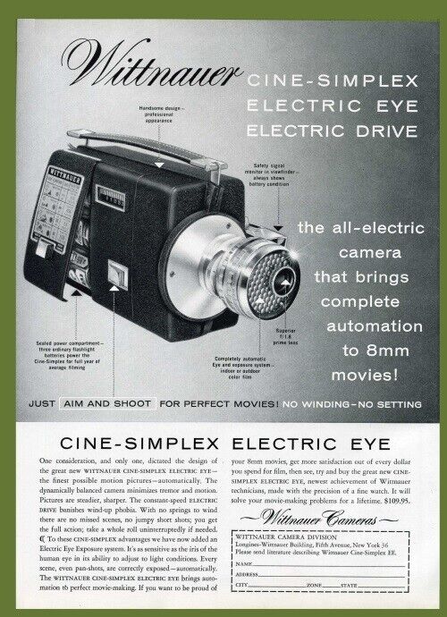 Wittnauer Cine-Simplex, Beau Lightomatic 35 Camera vintage 1959 Print Ad