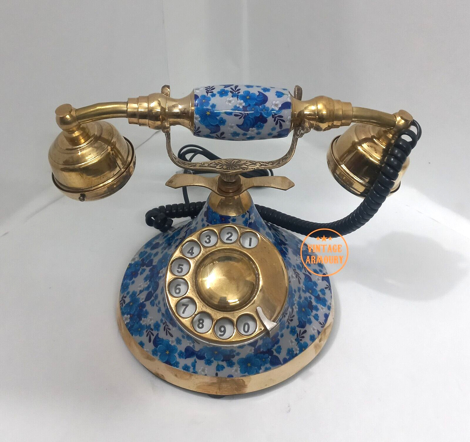 Vintage Brass Retro Rotary Dial Landline Telephone with Working Blue Design