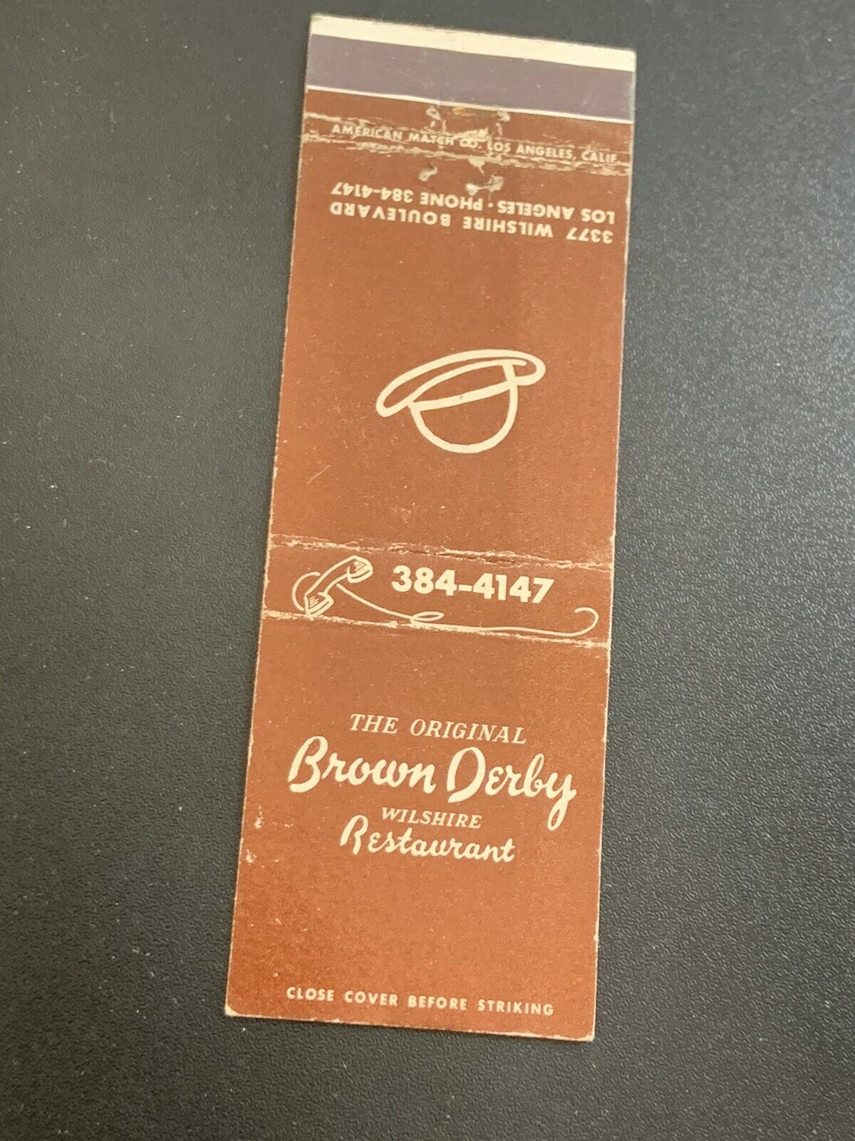 Matchbook Cover - The Brown Derby Restaurant Los Angeles California