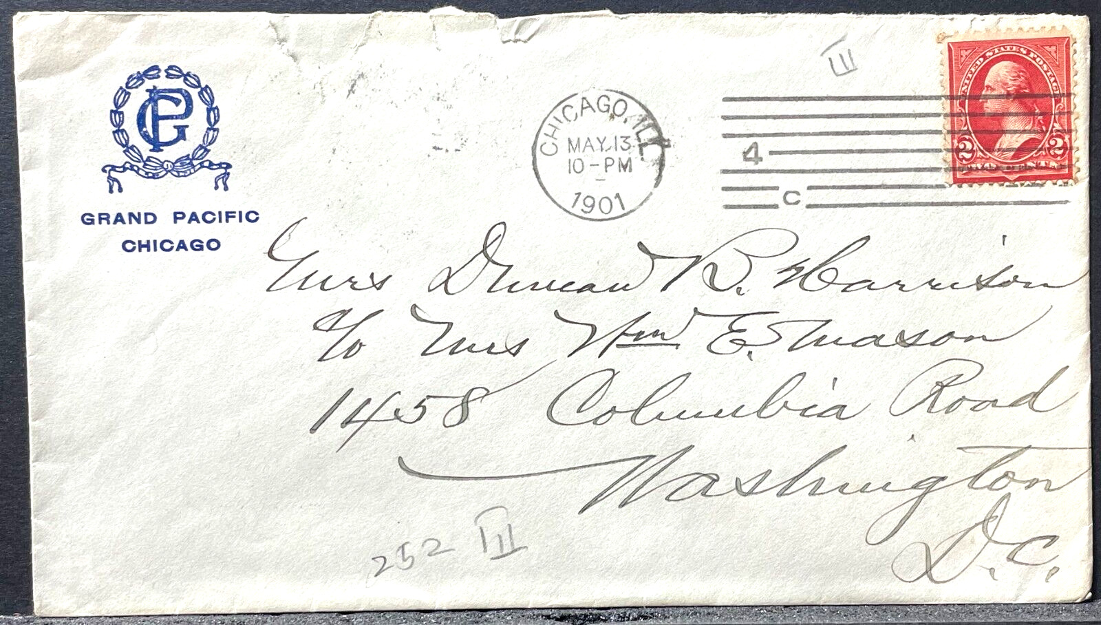 1901 Chicago Grand Pacific Hotel Envelope with Red 2 Cent Washington Stamp