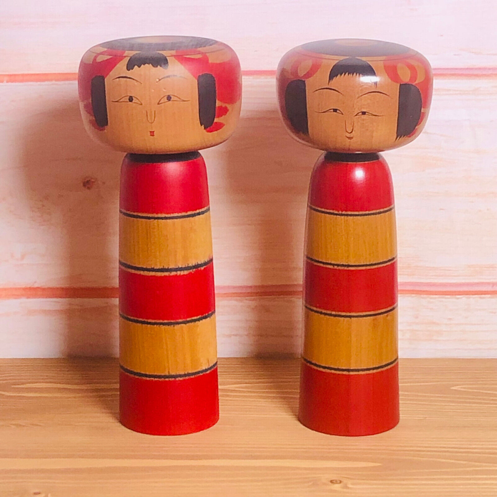 Set of 2 Traditional Stripe Kokeshi Dolls Tsuchiyu-kei 20-21cm tall