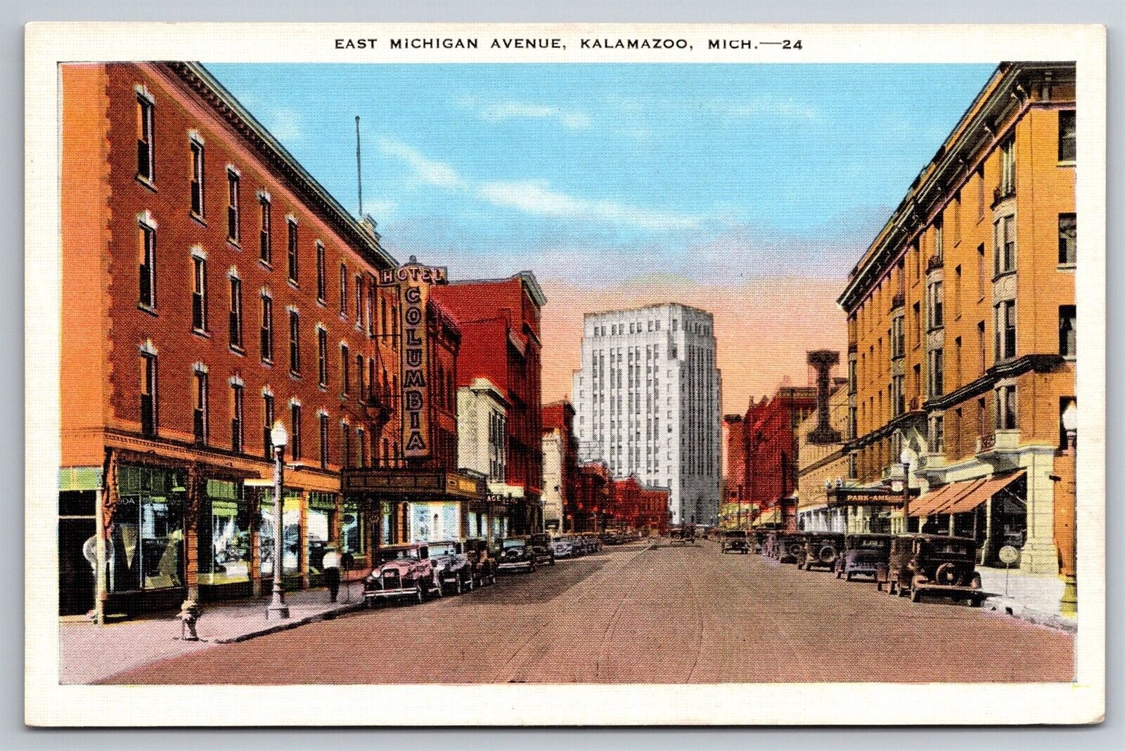 East Michigan Ave Kalamazoo Hotel Columbia Stores Cars MI C1930\'s Postcard U25