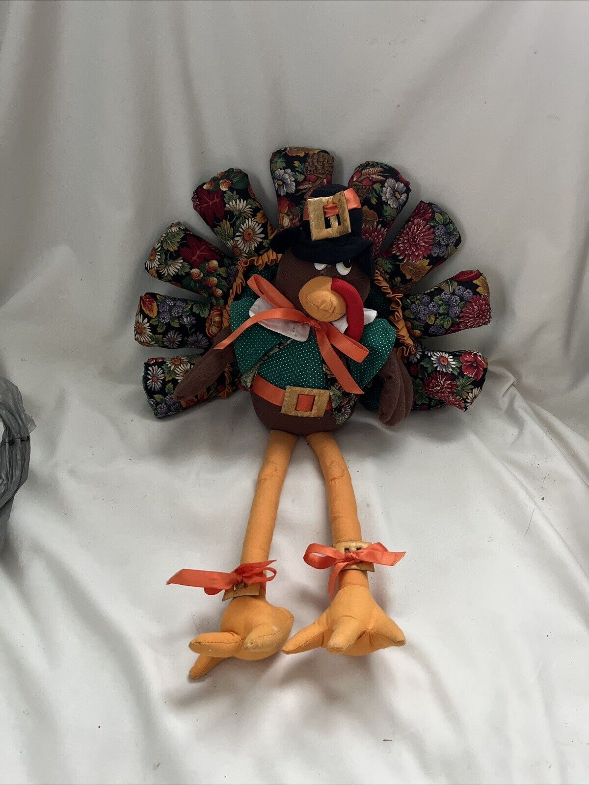 Floral Fabric Plush Turkey Table Shelf Sitter Vintage Joelson 1996 Thanksgiving