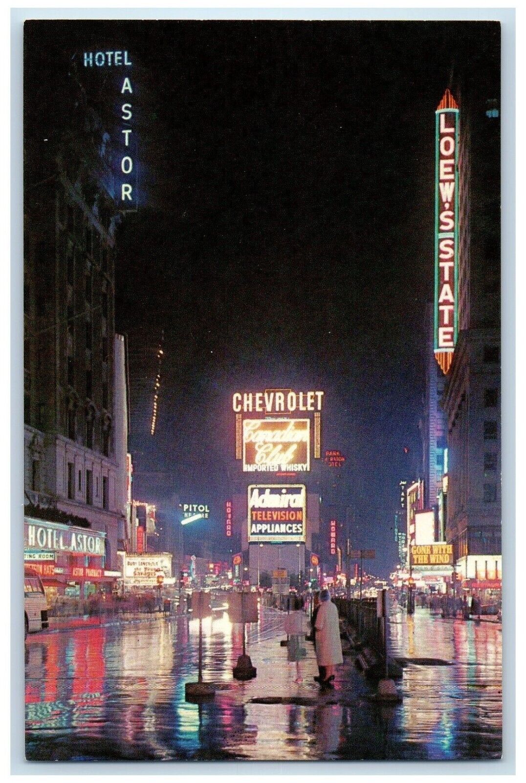New York NY Postcard Times Square At Night Chevrolet Hotel Astro Loew's State