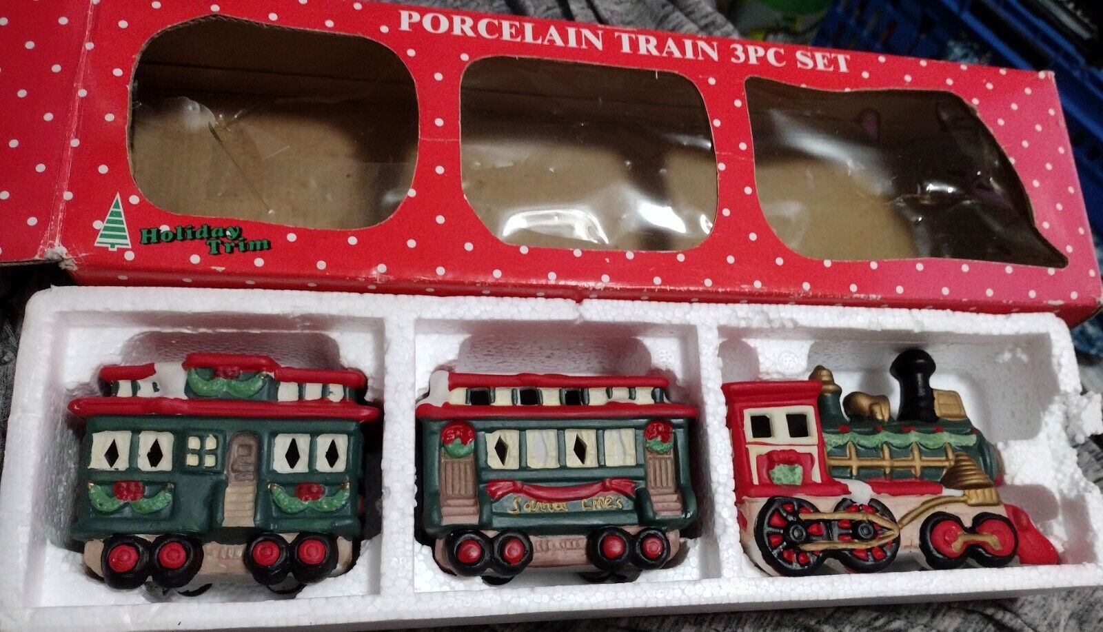 Vtg Holiday Trim Handpainted Santa Lines Porcelain Train 3 Pc Set NOS Orig Box