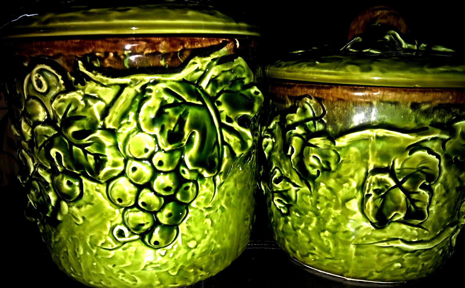 Set of 2 Rare Antique Ceramic Canisters Green Grape Vine Designed On Both bigg