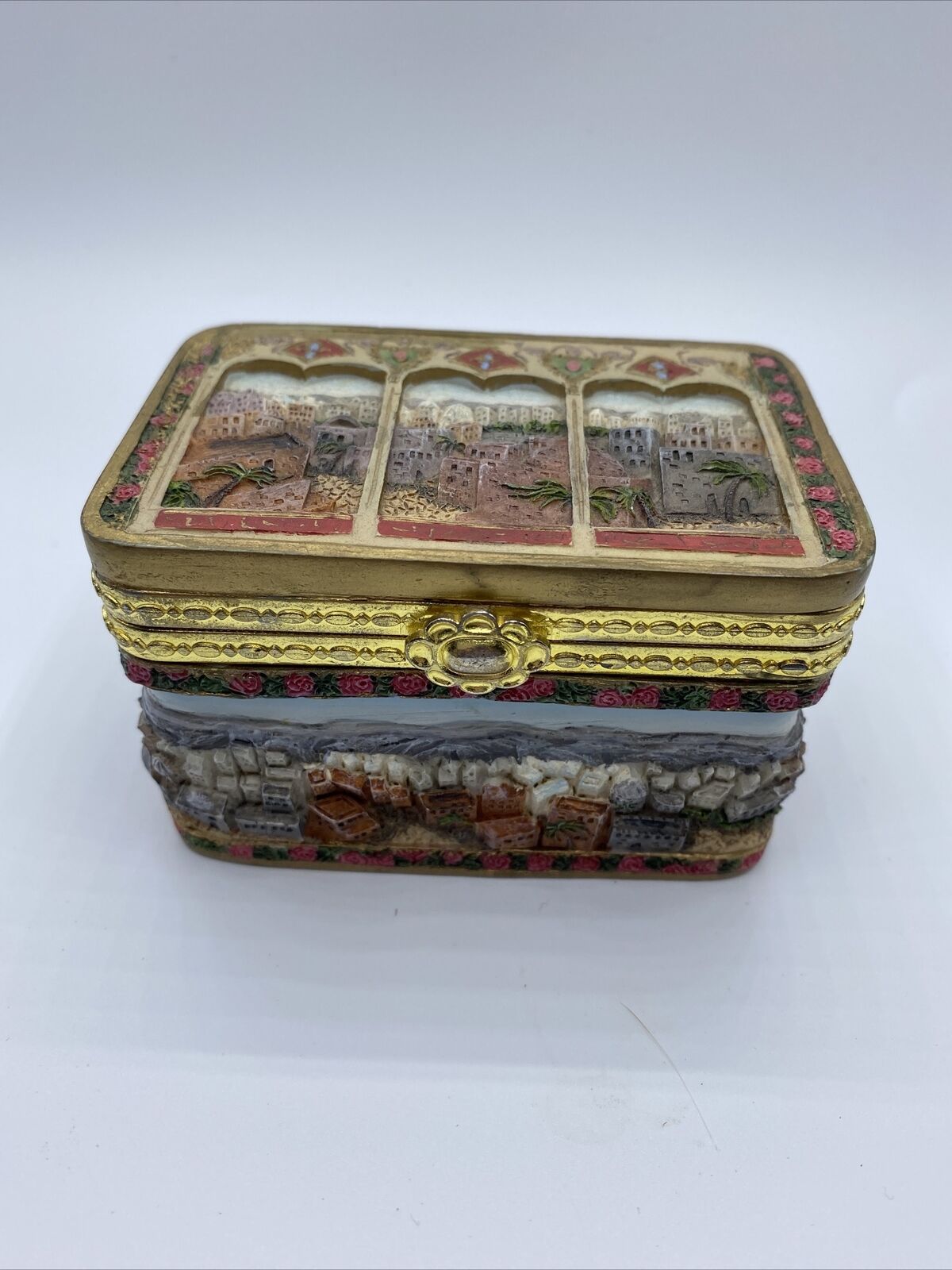 Vintage Middle East Country Theme Trinket Jewelry Box with Black Lining