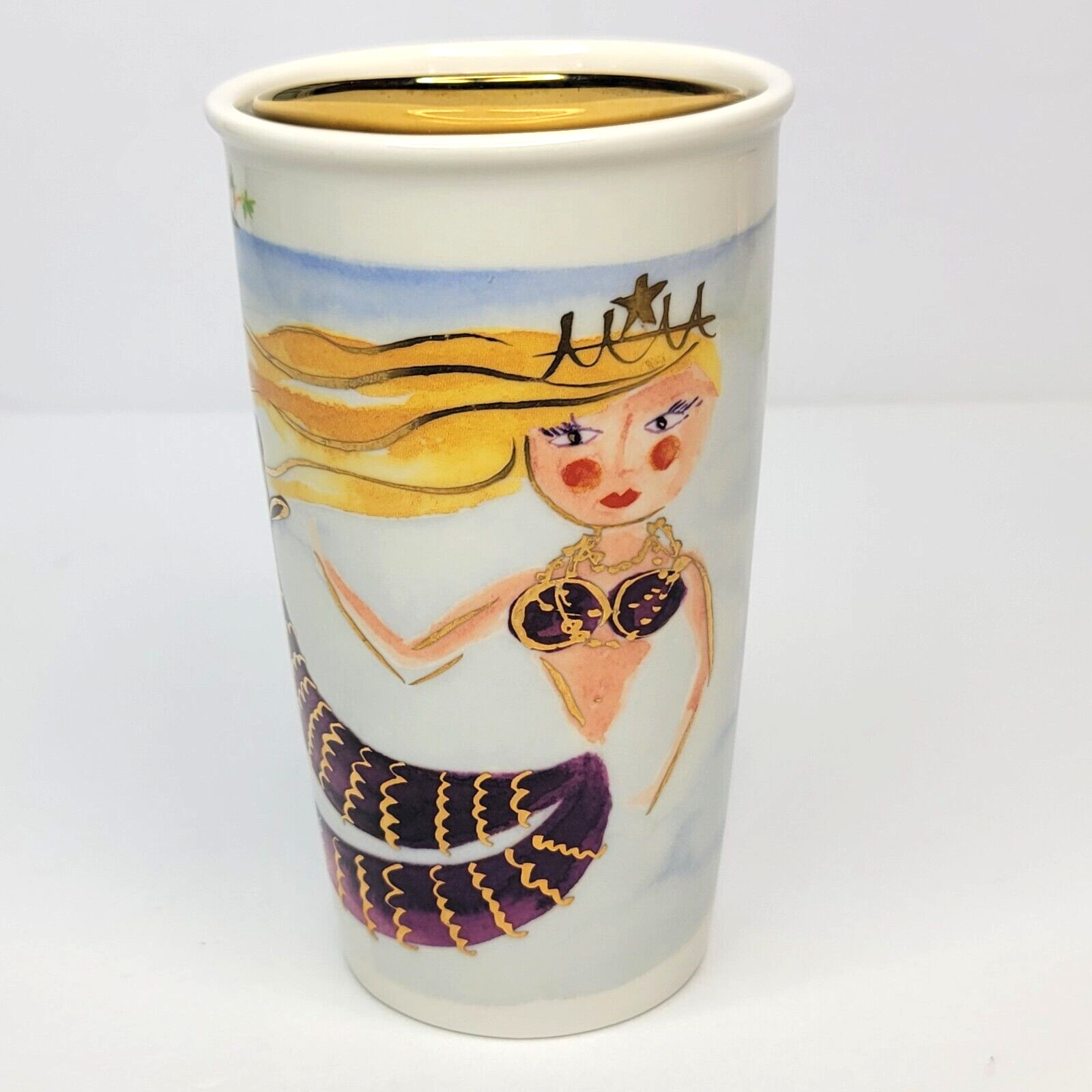 2015 Starbucks Siren Mermaid Ceramic Travel Mug Tumbler 12oz Gold Lid EUC