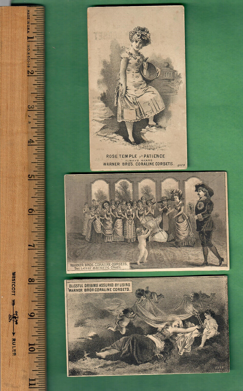 c 1890 VICTORIAN TRADE CARD - WARNER BROTHERS FLEXIBLE CORSETS - LOT OF 3