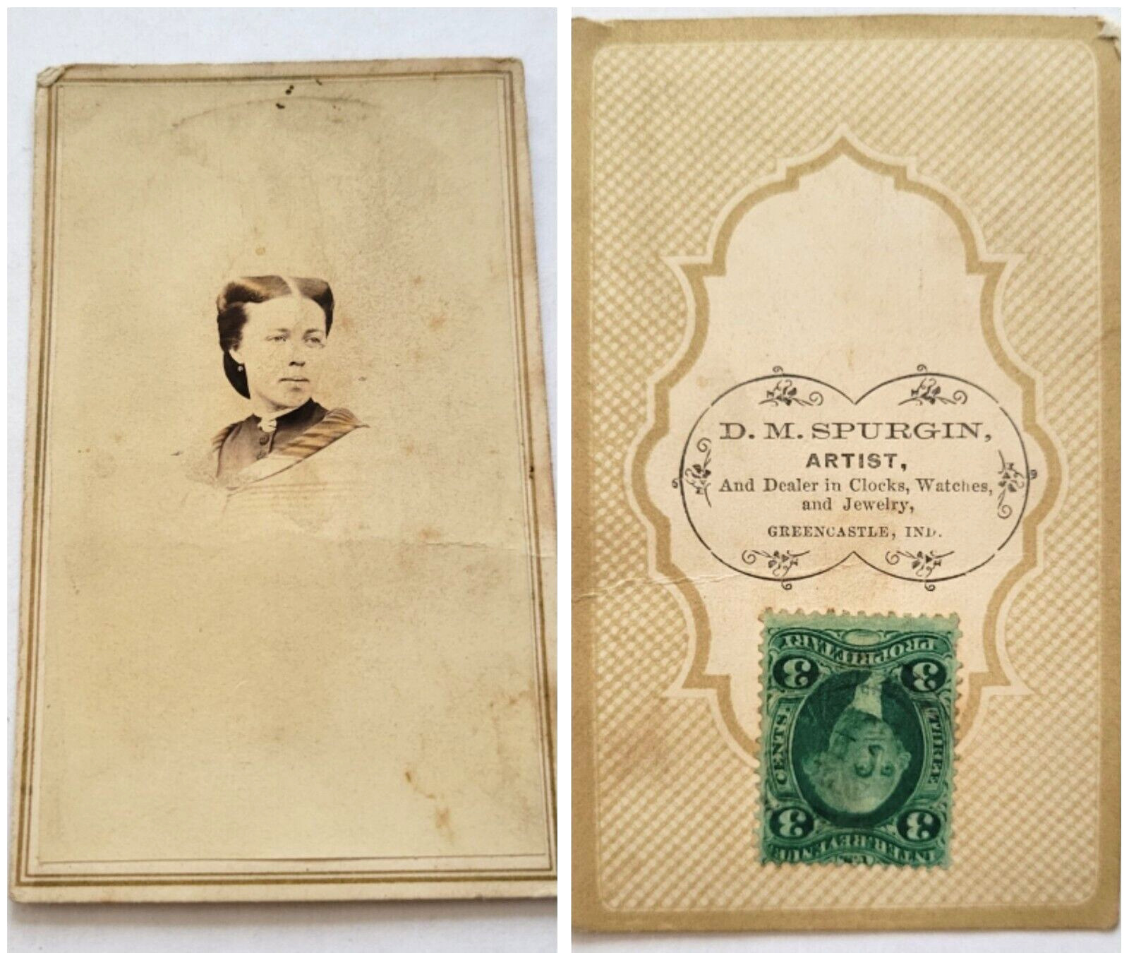 CDV Card Photo Women Close Up Studio Photo + Unposted Washington Tax Stamp 1800s