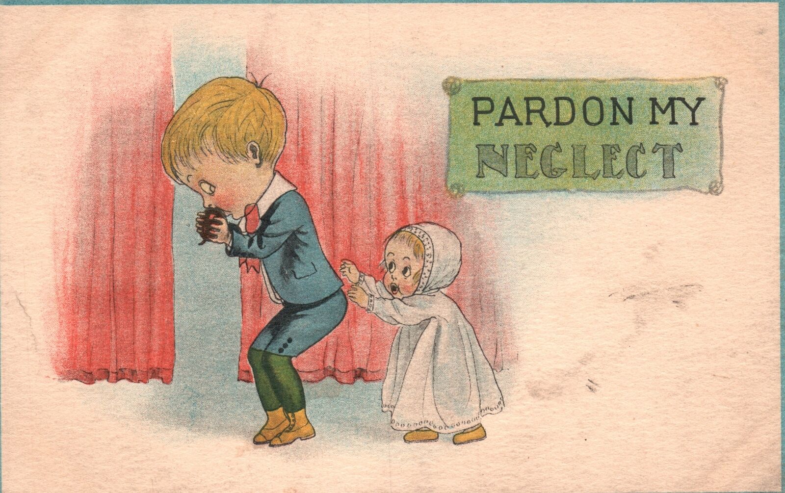 Vintage Postcard 1910\'s Younger Sister Pardon My Neglect For Big Brother