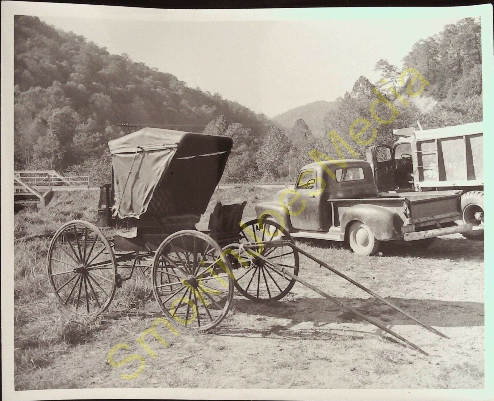 Vintage B & W Photo 8 x 10 Old Horse & Buggy Chevy Pickup Dump Truck 